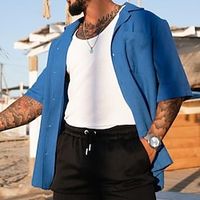 Men's Shirt Solid Color Turndown Street Daily Button-Down Short Sleeve Tops Casual Fashion Breathable Comfortable Blue miniinthebox - thumbnail