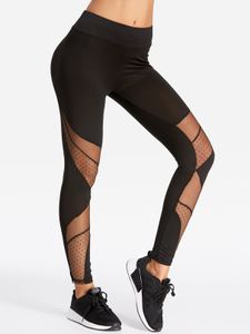Active Quick Drying Net Yarn Stitching High Waisted Leggings in Black