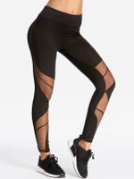 Active Quick Drying Net Yarn Stitching High Waisted Leggings in Black - thumbnail