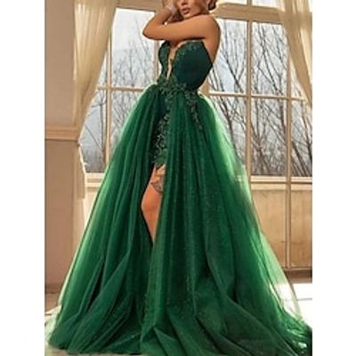 A-Line Evening Gown Elegant Dress Formal Sweep  Brush Train Christmas Red Green Dress Sleeveless Sweetheart Tulle with Glitter Pleats Slit 2023 Lightinthebox