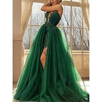 A-Line Evening Gown Elegant Dress Formal Sweep  Brush Train Christmas Red Green Dress Sleeveless Sweetheart Tulle with Glitter Pleats Slit 2023 Lightinthebox - thumbnail