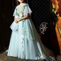 Princess Court Train Flower Girl Dresses Party Tulle Short Sleeve Illusion Neck with Appliques 2022 Lightinthebox - thumbnail