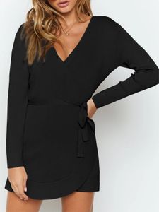 Yoins Black Wrap design V neck Long sleeves Dress