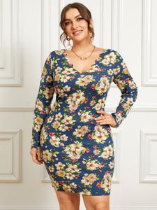YOINS Plus Size V-neck Floral Print Long Sleeves Dress