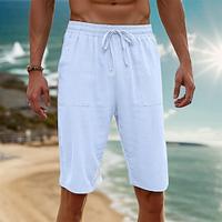 Men's Linen Shorts Summer Shorts Beach Shorts Pocket Drawstring Elastic Waist Plain Comfort Breathable Knee Length Holiday Vacation Beach Hawaiian Boho Black White Lightinthebox