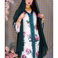 Women's Kaftan Dress Maxi long Dress White Long Sleeve Floral Patchwork Print Summer Round Neck Casual 2021 S M L XL XXL miniinthebox - thumbnail