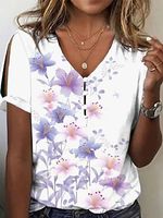 Printed Short Sleeves Casual V Neck Buttoned T-shirt