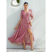 Women's Resort Wear Long Dress Maxi Dress Pink Short Sleeve Geometic Drawstring Spring Summer V Neck beach vacation XS S M