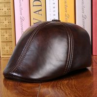 Men Cowhide Genuine Leather Beret Hat Earflap Earmuffs Ear Protective Warmer Cabbie Cap