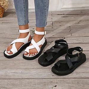 Women's Sandals Platform Sandals Plus Size Daily Summer Flat Heel Round Toe Casual Walking Shoes Faux Leather Ankle Strap Solid Color Black White Lightinthebox