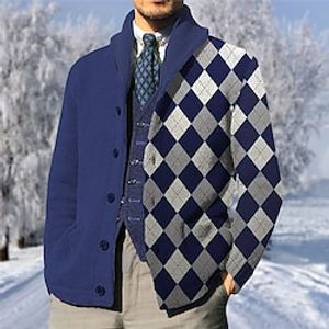 Men's Cardigan Sweater Knitwear Ribbed Knit Pocket Knitted Argyle Stand Collar Fashion Streetwear Daily Wear Vacation Clothing Apparel Fall  Winter Blue S M L Lightinthebox