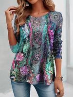 Women's Retro Colorful Floral Print Round Neck Casual Long Sleeve Top