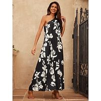 Women's Loose Floral Dress Summer Dress Maxi Dress Black Sleeveless Black and White Floral Botanical Fashion Floral Style Print One Shoulder Spring Summer One Shoulder Vacation Dress Beach Sweet Lightinthebox