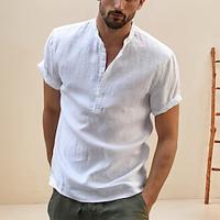 Men's Shirt Linen Shirt Popover Shirt Casual Shirt Cotton Shirt White Navy Blue Khaki Short Sleeve Plain Band Collar Summer Street Hawaiian Clothing Apparel Lightinthebox - thumbnail