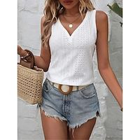 Women's Tank Top Vest Eyelet top Cotton Plain Casual White Sleeveless Fashion Modern V Neck Regular Fit Summer Lightinthebox - thumbnail