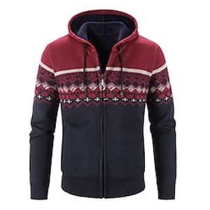 Men's Sweater Cardigan Sweater Zip Sweater Sweater Jacket Fleece Sweater Chunky Knit Cropped Zipper Knitted Argyle Hooded Basic Stylish Outdoor Daily Clothing Apparel Winter Fall Wine Dusty Blue M L miniinthebox