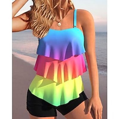 Women's Swimwear Tankini 2 Piece Normal Swimsuit 2 Piece Layered Printing Palm Tree Black White Blue Rainbow Tank Top Bathing Suits Sports Beach Wear Summer miniinthebox
