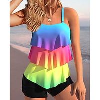 Women's Swimwear Tankini 2 Piece Normal Swimsuit 2 Piece Layered Printing Palm Tree Black White Blue Rainbow Tank Top Bathing Suits Sports Beach Wear Summer miniinthebox - thumbnail