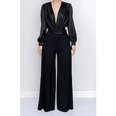 Women's Jumpsuit Solid Color V Neck Formal Work Weekend Straight Regular Fit Long Sleeve Black S M L Fall Lightinthebox