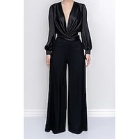 Women's Jumpsuit Solid Color V Neck Formal Work Weekend Straight Regular Fit Long Sleeve Black S M L Fall Lightinthebox - thumbnail