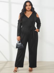 YOINS Plus Size Cold Shoulder Wrap Design Belt Design Long Sleeves Jumpsuit