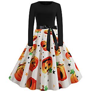 Women's A Line Dress Knee Length Dress Blue Purple Orange White Black Red Long Sleeve Print Bow Print Fall Winter Round Neck Casual Vintage Halloween 2021 S M L XL XXL miniinthebox