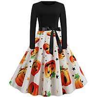 Women's A Line Dress Knee Length Dress Blue Purple Orange White Black Red Long Sleeve Print Bow Print Fall Winter Round Neck Casual Vintage Halloween 2021 S M L XL XXL miniinthebox - thumbnail