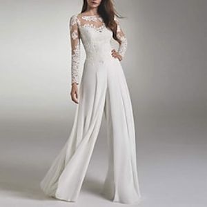 Jumpsuits Wedding Dresses Jewel Neck Floor Length Chiffon Lace Long Sleeve Simple with Appliques 2022 Lightinthebox
