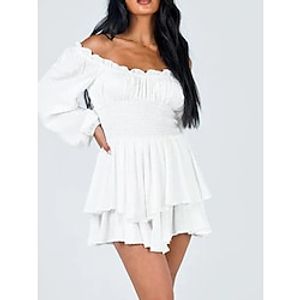 Women's Romper Ruffle Backless Solid Color Off Shoulder Streetwear Daily Vacation Regular Fit Long Sleeve Black White Light Green S M L Fall miniinthebox