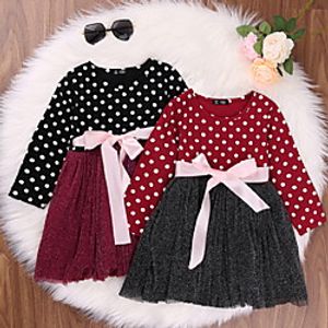 Kids Little Girls' Dress Polka Dot Daily Bow Wine Black Red Knee-length Long Sleeve Basic Dresses Fall Regular Fit 3-10 Years Lightinthebox