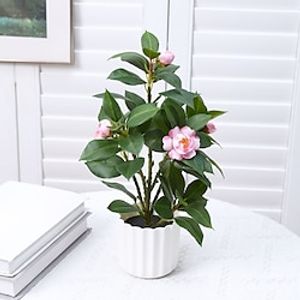 Artificial Plants Mini Camellia Potted Fake Plants Small Faux Plastic Plants Desk Plant Artificial Flowers with Vase for Home Office Desk Kitchen Garden Indoor Decor miniinthebox