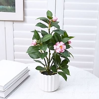 Artificial Plants Mini Camellia Potted Fake Plants Small Faux Plastic Plants Desk Plant Artificial Flowers with Vase for Home Office Desk Kitchen Garden Indoor Decor Lightinthebox