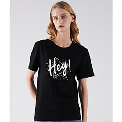 Women's T shirt Letter Round Neck Basic Tops Black Khaki Green miniinthebox