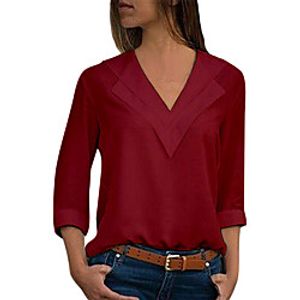 women pure color tee v neckline long sleeve blouse shirt loose chiffon cotton tops light blue size l Lightinthebox