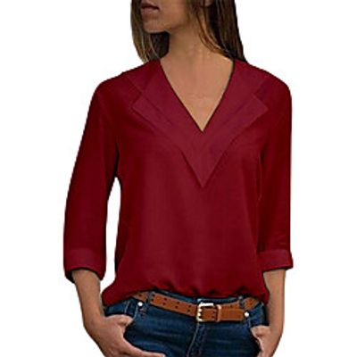 women pure color tee v neckline long sleeve blouse shirt loose chiffon cotton tops light blue size l Lightinthebox