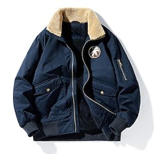 Men's Bomber Jacket Fleece Jacket Outdoor Daily Wear Warm Zipper Pocket Fall Winter Plain Fashion Streetwear Lapel Regular Khaki Army Green Dark Blue Jacket Lightinthebox