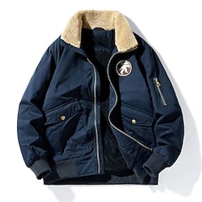 Men's Bomber Jacket Fleece Jacket Outdoor Daily Wear Warm Zipper Pocket Fall Winter Plain Fashion Streetwear Lapel Regular Khaki Army Green Dark Blue Jacket Lightinthebox