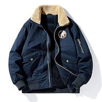 Men's Bomber Jacket Fleece Jacket Outdoor Daily Wear Warm Zipper Pocket Fall Winter Plain Fashion Streetwear Lapel Regular Khaki Army Green Dark Blue Jacket Lightinthebox - thumbnail