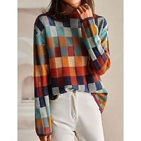 Women's Pullover Sweater Jumper Jumper Ribbed Knit Short Patchwork Plaid Turtleneck Stylish Casual Daily Going out Fall Winter Yellow S M L miniinthebox