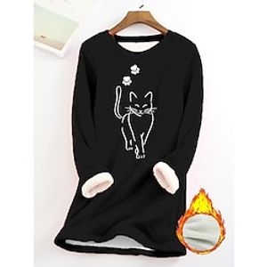 Women's Sweatshirt Pullover Sherpa Fleece Lined Cat Warm Fuzzy Print Black Casual Sports Round Neck Long Sleeve Top Micro-elastic Fall  Winter Lightinthebox