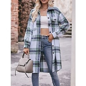 Women's Casual Jacket Fall Plaid Windproof Long Shacket Jacket Winter Thermal Warm Regular Coat  Street Daily Wear Loose Fit Stylish Sporty Chic  Modern Jacket Green Khaki Dark Gray Lightinthebox