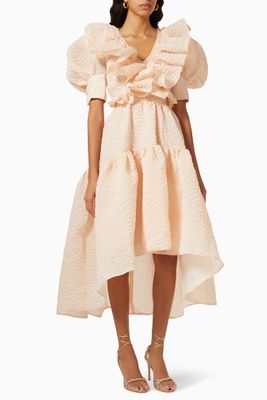 Ruffled Balloon Dress in Textured Crepe