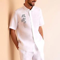 Men's Cotton Linen Summer Shirt Coconut Tree Short Sleeve White Shirt Casual Daily Hawaiian Lightinthebox