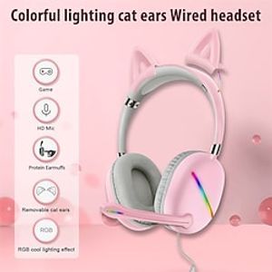 (For Computer )AKZ-X51 Removable Cat Ear Pink Wired Headset LED Light Effect USB Interface Computer Gaming Headset miniinthebox