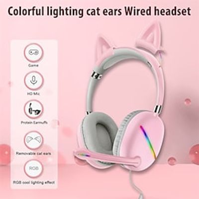 (For Computer )AKZ-X51 Removable Cat Ear Pink Wired Headset LED Light Effect USB Interface Computer Gaming Headset miniinthebox