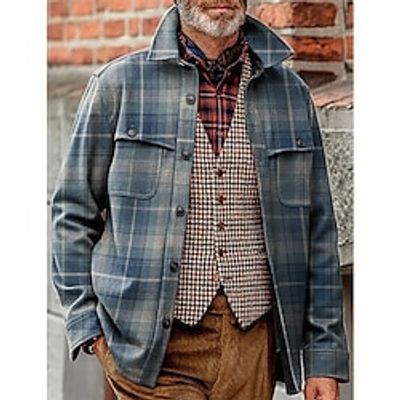 Men's Shirt Flannel Shirt Plaid Shirt Shirt Jacket Shacket Overshirt Shacket Blue Long Sleeve Plaid  Check Lapel Fall  Winter Outdoor Daily Wear Clothing Apparel Front Pocket Lightinthebox