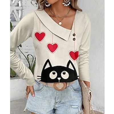 Women's Shirt Blouse Heart Cat Valentine's Day Casual Going out Red Blue Green Print Button Long Sleeve Fashion V Neck Regular Fit Spring   Fall Lightinthebox