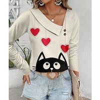 Women's Shirt Blouse Heart Cat Valentine's Day Casual Going out Red Blue Green Print Button Long Sleeve Fashion V Neck Regular Fit Spring   Fall Lightinthebox - thumbnail