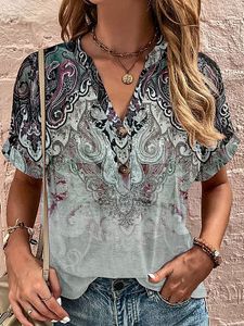 V-neck Casual Loose Floral Print Short Sleeve T-shirt