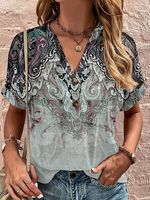 V-neck Casual Loose Floral Print Short Sleeve T-shirt - thumbnail